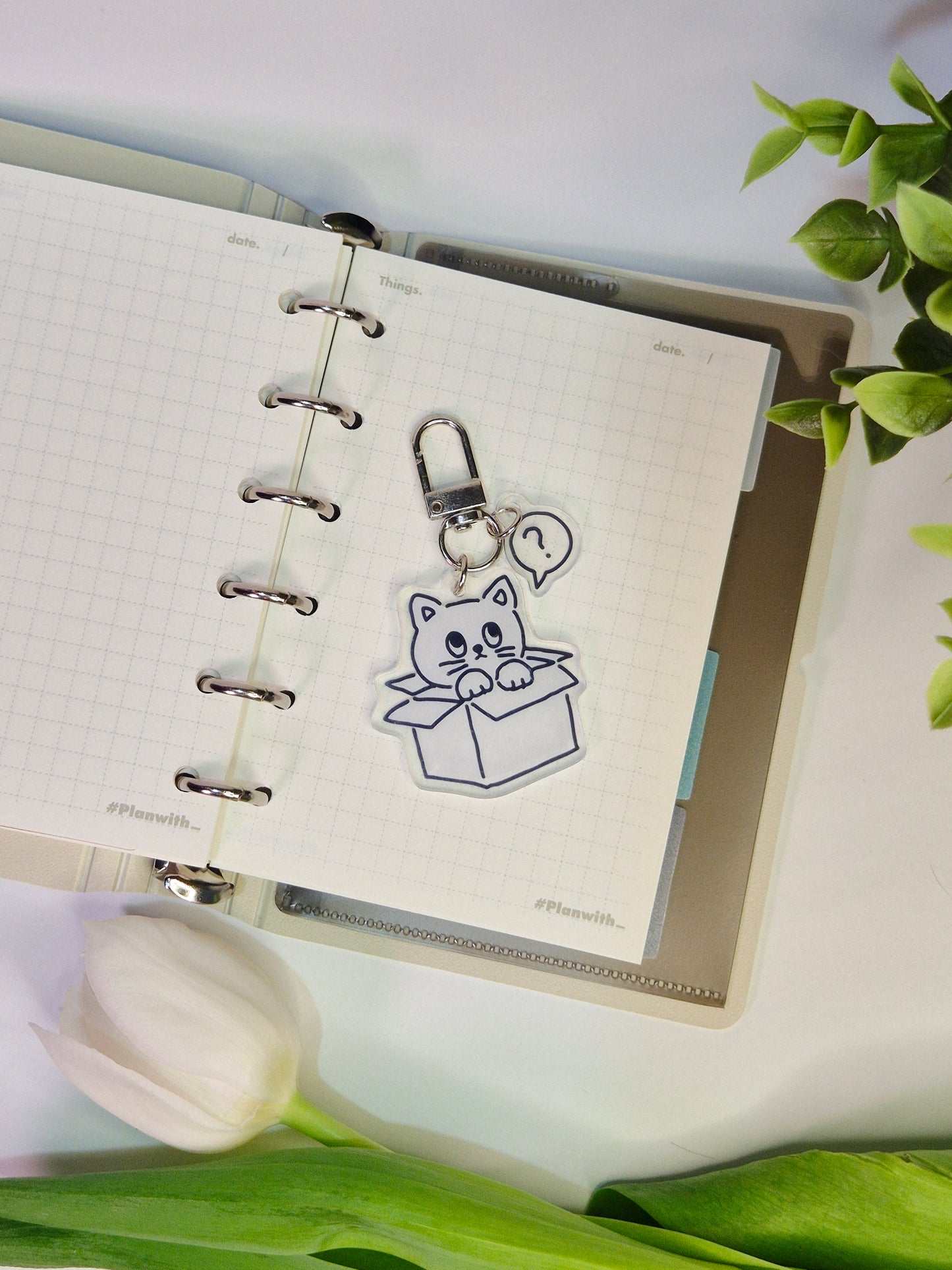 B&W Kitty in the box Keychain